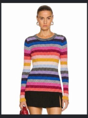 GAP Rainbow Striped Sweater Wool Blend Ribbed Crewneck Multi Colour Large